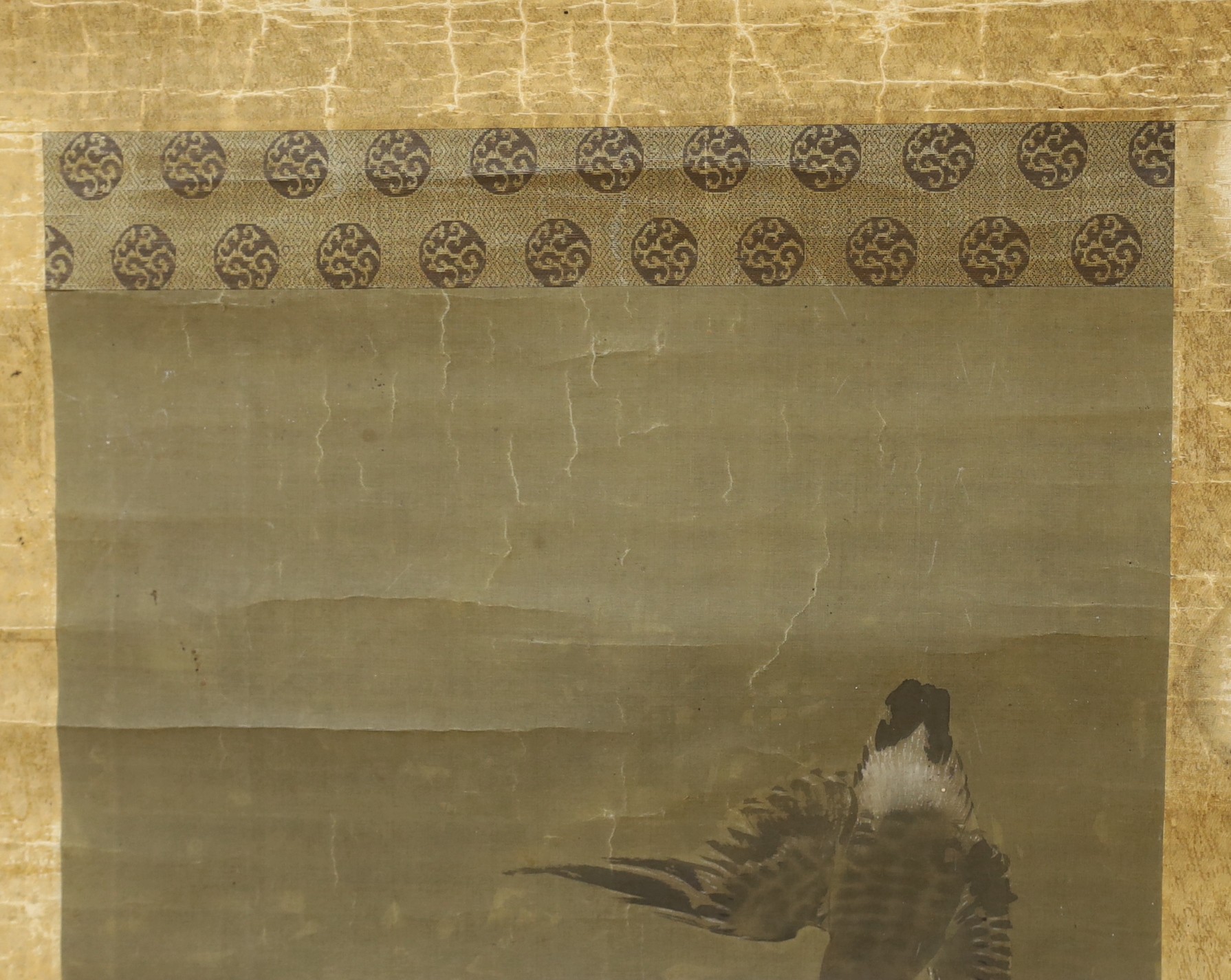 A 19th century Japanese scroll painting on silk of geese, signed, image 102 cm X 36 cm